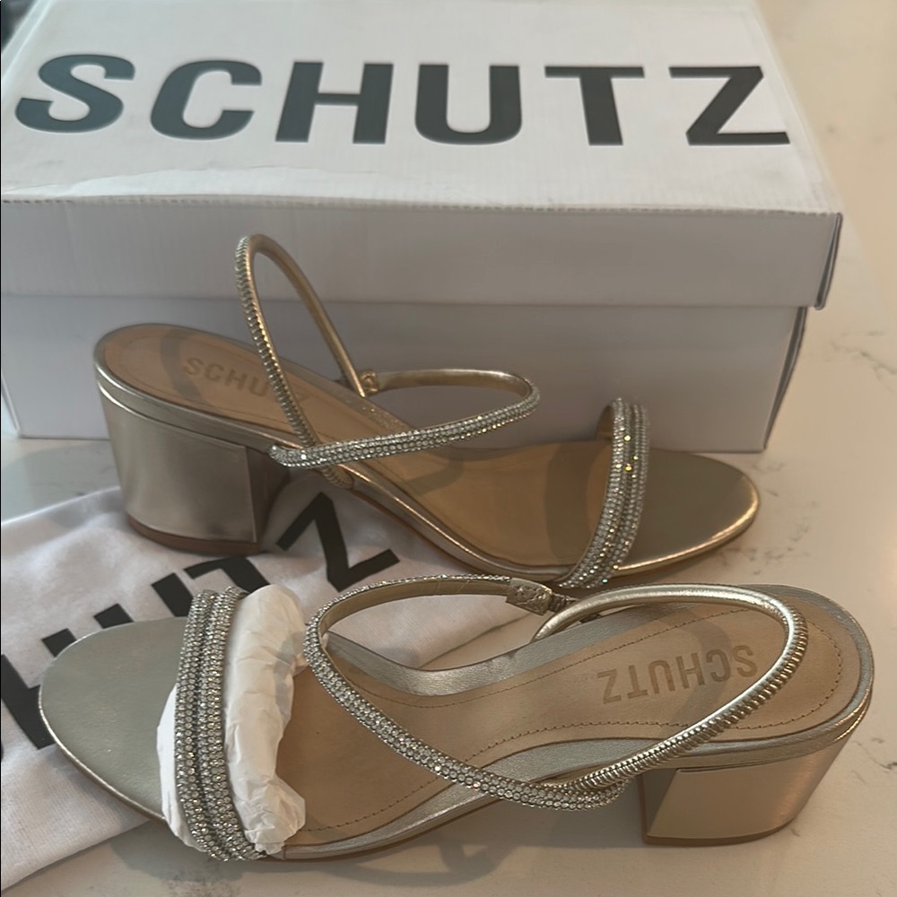 NEW Schutz Gold Crystal WHITELEY metallic BLOCK HEELS SHOES Sandals 6.5